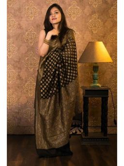 Isadora Life - Womens Woven Zari Black Pre-Draped Saree with Unstitched Blouse