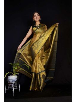 Isadora Life - Womens Woven Zari Gold Pre-Draped Saree with Unstitched Blouse