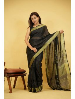 Isadora Life - Womens Woven Zari Black Pre-Draped Saree with Unstitched Blouse