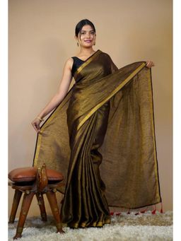 Isadora Life - Womens Solid Tassels Gold Pre-Draped Saree with Unstitched Blouse