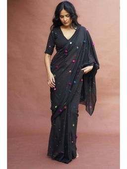 Isadora Life - Womens Embroidered Mirror Work Black Pre-Draped Saree with Unstitched Blouse