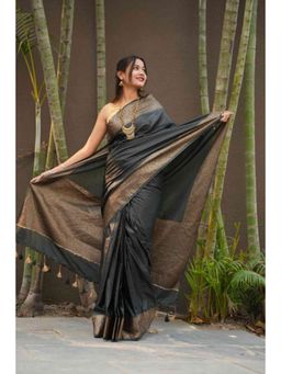 Isadora Life - Womens Woven Tassels Grey Pre-Draped Saree with Unstitched Blouse