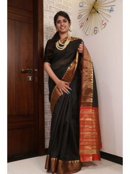 Isadora Life - Womens Woven Zari Black Pre-Draped Saree with Unstitched Blouse