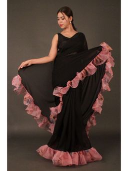 Isadora Life - Womens Printed Black Pre-Draped Saree with Unstitched Blouse