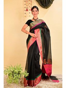 Isadora Life - Womens Woven Tassels Black Pre-Draped Saree with Unstitched Blouse