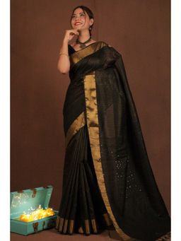 Isadora Life - Womens Stripes Sequined Black Pre-Draped Saree with Unstitched Blouse