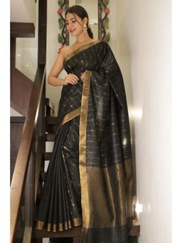 Isadora Life - Womens Woven Zari Black Pre-Draped Saree with Unstitched Blouse