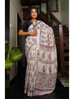 Isadora Life - Womens Floral Tassels White Pre-Draped Saree with Unstitched Blouse