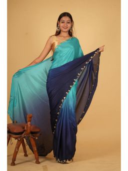 Isadora Life - Womens Ombre Embroidered Blue Pre-Draped Saree with Unstitched Blouse