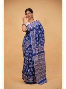Isadora Life - Womens Hand Block Printed Blue Pre-Draped Saree with Unstitched Blouse