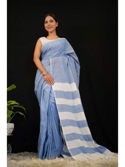 Isadora Life - Womens Stripes Tassels Blue Pre-Draped Saree With Unstitched Blouse