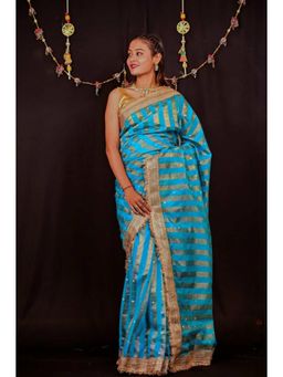 Isadora Life - Womens Stripes Embroidered Blue Pre-Draped Saree With Unstitched Blouse