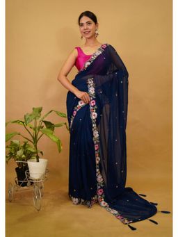 Isadora Life - Womens Embroidered Tassels Navy Blue Pre-Draped Saree With Unstitched Blouse