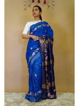 Isadora Life - Womens Floral Embroidered Blue Pre-Draped Saree With Unstitched Blouse