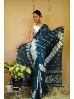 Isadora Life - Womens Tie & Dye Zari Teal Pre-Draped Saree With Unstitched Blouse
