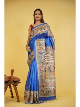 Isadora Life - Womens Printed Tassels Blue Pre-Draped Saree With Unstitched Blouse
