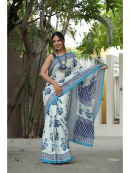 Isadora Life - Womens Floral Printed White Pre-Draped Saree With Unstitched Blouse