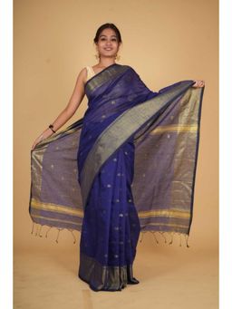 Isadora Life - Womens Woven Tassels Blue Pre-Draped Saree With Unstitched Blouse