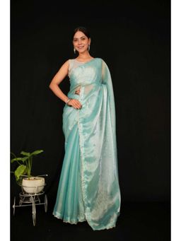 Isadora Life - Womens Sequined Blue Pre-Draped Saree With Unstitched Blouse