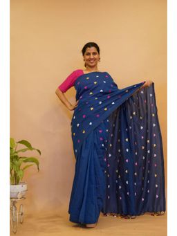 Isadora Life - Womens Embroidered Tassels Navy Blue Pre-Draped Saree With Unstitched Blouse