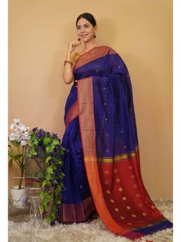 Isadora Life - Womens Woven Tassels Blue Pre-Draped Saree With Unstitched Blouse