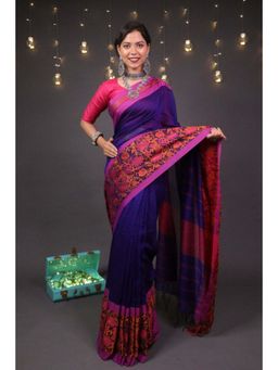 Isadora Life - Womens Woven Tassels Navy Blue Pre-Draped Saree With Unstitched Blouse