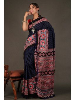 Isadora Life - Womens Hand Block Printed Black Pre-Draped Saree With Unstitched Blouse
