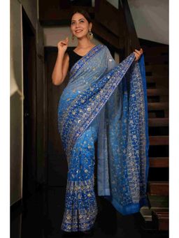 Isadora Life - Womens Ombre Embroidered Blue Pre-Draped Saree With Unstitched Blouse
