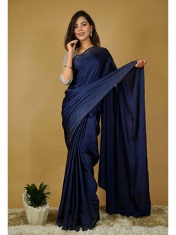 Isadora Life - Womens Sequined Navy Blue Pre-Draped Saree With Unstitched Blouse