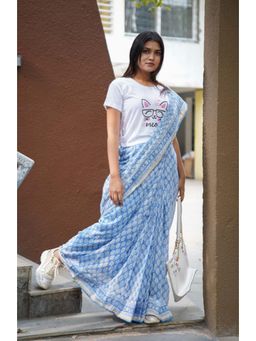 Isadora Life - Womens Block Print Blue Pre-Draped Saree With Unstitched Blouse