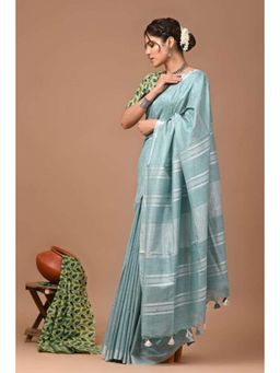 Isadora Life - Womens Stripes Tassels Blue Pre-Draped Saree With Unstitched Blouse