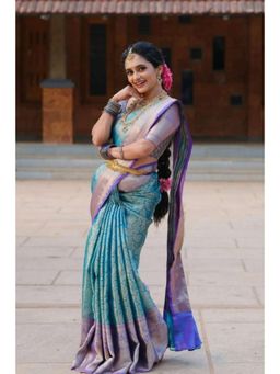 Isadora Life - Womens Woven Zari Blue Pre-Draped Saree With Unstitched Blouse
