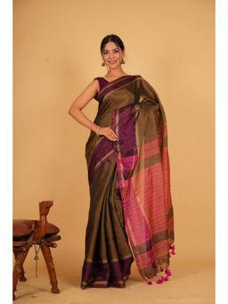 Isadora Life - Womens Stripes Tassels Olive Pre-Draped Saree With Unstitched Blouse
