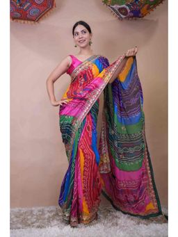 Isadora Life - Womens Bandhani Printed Multi-Color Pre-Draped Saree With Unstitched Blouse