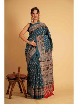 Isadora Life - Womens Block Print Teal Pre-Draped Saree With Unstitched Blouse