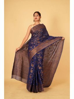 Isadora Life - Womens Woven Zari Blue Pre-Draped Saree With Unstitched Blouse