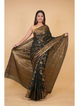 Isadora Life - Womens Woven Zari Green Pre-Draped Saree With Unstitched Blouse