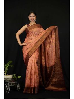 Isadora Life - Womens Woven Zari Peach Pre-Draped Saree With Unstitched Blouse
