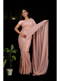 Isadora Life - Womens Embroidered Sequined Pink Pre-Draped Saree With Unstitched Blouse