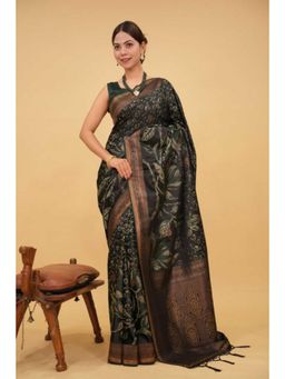 Isadora Life - Womens Printed Tassels Black Pre-Draped Saree With Unstitched Blouse