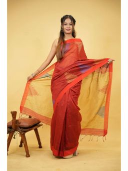 Isadora Life - Womens Woven Ikat Red Pre-Draped Saree With Unstitched Blouse