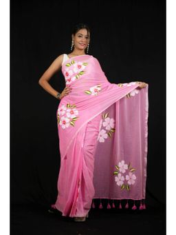 Isadora Life - Womens Floral Hand Painted Pink Pre-Draped Saree With Unstitched Blouse