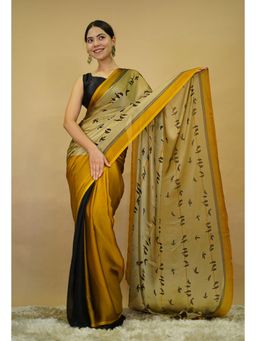 Isadora Life - Womens Printed Yellow Pre-Draped Saree With Unstitched Blouse