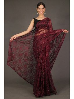 Isadora Life - Womens Sequined Lace Work Maroon Pre-Draped Saree With Unstitched Blouse