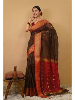 Isadora Life - Womens Woven Zari Brown Pre-Draped Saree With Unstitched Blouse