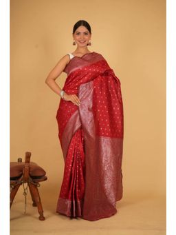 Isadora Life - Womens Zari Printed Red Pre-Draped Saree With Unstitched Blouse