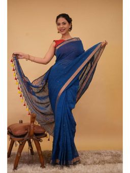 Isadora Life - Womens Woven Sequined Blue Pre-Draped Saree With Unstitched Blouse