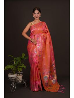 Isadora Life - Womens Woven Tassels Orange Pre-Draped Saree With Unstitched Blouse