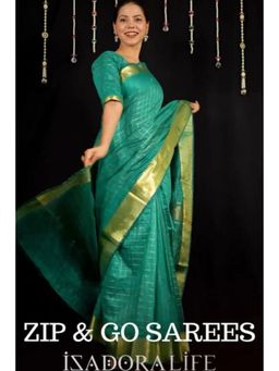 Isadora Life - Womens Checks Zari Green Pre-Draped Saree With Unstitched Blouse