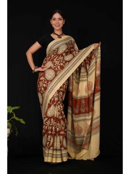 Isadora Life - Womens Block Print Maroon Pre-Draped Saree With Unstitched Blouse